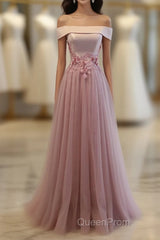 Pink A Line Off Shoulder Floor Length Evening Prom Dresses, Lace Evening Dresses