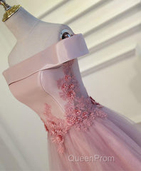 Pink A Line Off Shoulder Floor Length Evening Prom Dresses, Lace Evening Dresses