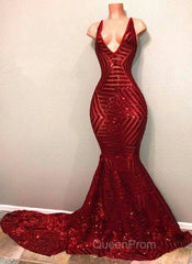 Red Sequins Shiny V-Neck Mermaid Long Evening Prom Dresses