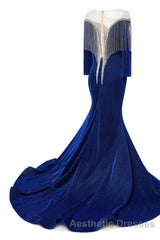 Deep V-neck Shiny Royal Blue Long sleeves Mermaid Evening Prom Dresses