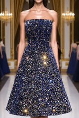 Dark Blue A-Line Sequin Lace Short Evening Prom Dresses, Cute Blue Homecoming Dresses