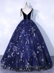 Dark Blue A-Line Tulle Lace Long Evening Prom Dresses, Dark Blue Long Evening Dresses