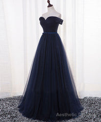 Dark Blue A Line Tulle Long Prom Dress, Evening Dress