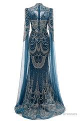 Dark Blue Mermaid Prom Dresses Beading Tulle Women Luxury Evening Dresses High Neck Long Sleeves