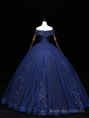 Dark Blue Off Shoulder Tulle Lace Long Prom Gown, Blue Sweet 16 Dress With Beading Sequin