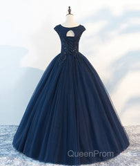 Dark blue round neck tulle lace long Evening Prom Dresses, blue tulle lace evening Dresses