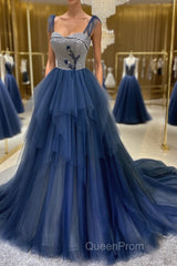 Dark blue tulle lace long Evening Prom Dresses, blue tulle formal Dresses