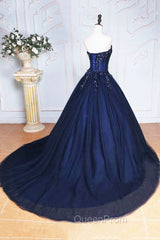 Dark Blue Tulle Lace Princess Dresses, A-Line Strapless Long Evening Prom Dresses