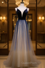 Dark blue tulle long Evening Prom Dresses, blue evening Dresses