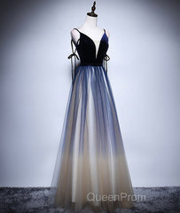 Dark blue tulle long Evening Prom Dresses, blue evening Dresses