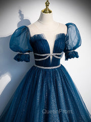 Dark Blue Tulle Long Evening Prom Dresses, Blue Tulle Sweet 16 Dresses