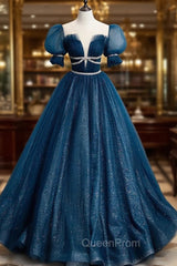 Dark Blue Tulle Long Evening Prom Dresses, Blue Tulle Sweet 16 Dresses