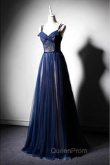 Dark Blue Tulle Long Evening Prom Dresses, Dark Blue Evening Dresses