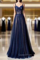 Dark Blue Tulle Long Evening Prom Dresses, Dark Blue Evening Dresses