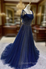 Dark Blue Tulle Sequin Long Evening Prom Dresses, Blue Tulle Evening Dresses