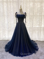 Dark Blue Tulle Sequin Long Evening Prom Dresses, Blue Tulle Evening Dresses