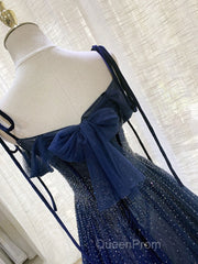 Dark Blue Tulle Sequin Long Evening Prom Dresses, Dark Blue Evening Dresses