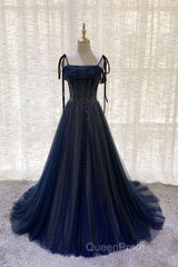 Dark Blue Tulle Sequin Long Evening Prom Dresses, Dark Blue Evening Dresses