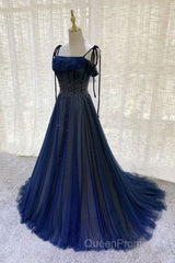 Dark Blue Tulle Sequin Long Evening Prom Dresses A Line Birthday Party Dresses