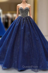 Dark Blue Tulle Sweetheart Beading Sequins Haute Couture Evening Prom Dresses