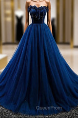 Dark Blue Tulle Velvet Beading Strapless Evening Prom Dresses