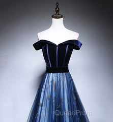 Dark Blue Tulle Velvet Long Evening Prom Dresses, Blue Evening Dresses
