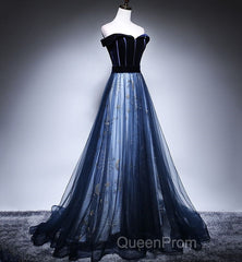 Dark Blue Tulle Velvet Long Evening Prom Dresses, Blue Evening Dresses