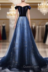 Dark Blue Tulle Velvet Long Evening Prom Dresses, Blue Evening Dresses