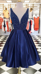 Dark blue v neck beads satin short Evening Prom Dresses, blue homecoming Dresses
