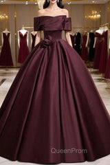 Dark Burgundy Satin Off the Shoulder Flower Evening Prom Dresses