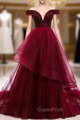 Dark Burgundy Tulle Off the Shoulder Beading Evening Prom Dresses