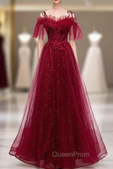 Dark Burgundy Tulle Spaghetti Straps Appliques Beading Evening Prom Dresses