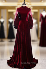 Dark Burgundy Velvet High Neck Long Sleeve Evening Prom Dresses With Bow