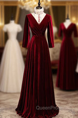 Dark Burgundy Velvet High Neck Long Sleeve Evening Prom Dresses