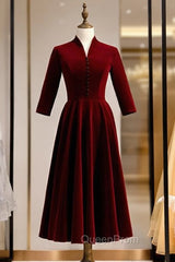 Dark Burgundy Velvet Short Sleeve Short Evening Prom Dresses With Bow