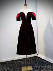 Dark Burgundy Velvet Short Sleeve Tea Length Prom Dress