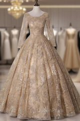 Dark Champagne Tulle Embroidery Long Sleeve Quinceanera Dresses
