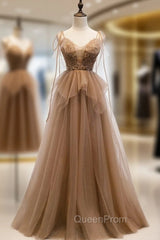 Dark Champagne Tulle Spagehtti Straps Beading Evening Prom Dresses
