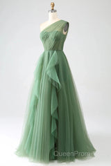 Dark Green A-Line One-Shoulder Sequins Tulle Long Evening Prom Dresses