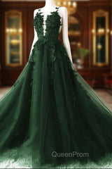 Dark Green A-Line Open Back Tulle Lace Floral Evening Dresses, Green Long Evening Prom Dresses