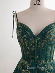 Dark Green A-Line Spaghetti Strap Satin Long Evening Prom Dresses Sweetheart Neckline Retro Bridal Dresses