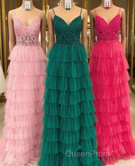 Dark Green A-Line Tiered Tulle Long Evening Prom Dresses with Lace