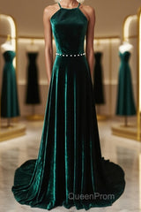 Dark Green Backless Long Evening Prom Dresses, Dark Green Long Formal Evening Bridesmaid Dresses