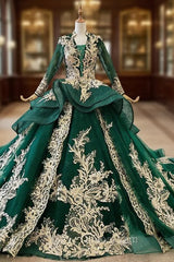 Dark Green Ball Gown Tulle Appliques V-neck Long Sleeve Wedding Dresses