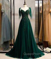 Dark Green Beaded Tulle Straps A-line Evening Dresses, Green Evening Dresses Evening Prom Dresses