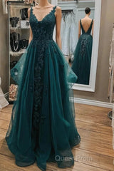Dark Green Lace Beaded Long Evening Prom Dresses, V Neck Backless Evening Dresses