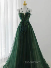 Dark Green Long Beaded A-line Evening Dresses Party Dresses, Green Evening Prom Dresses