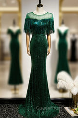 Dark Green Mermadi Sequins Tassel Short Sleeve Evening Prom Dresses