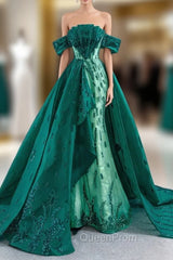 Dark Green Mermaid Satin Sequins Off the Shoulder Evening Prom Dresses