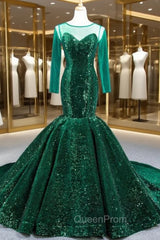 Dark Green Mermaid Sequins Long Sleeve Evening Prom Dresses With Train